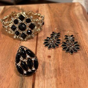 Costume jewelry set black gold & crystal rhinestone one size fits all adjustable